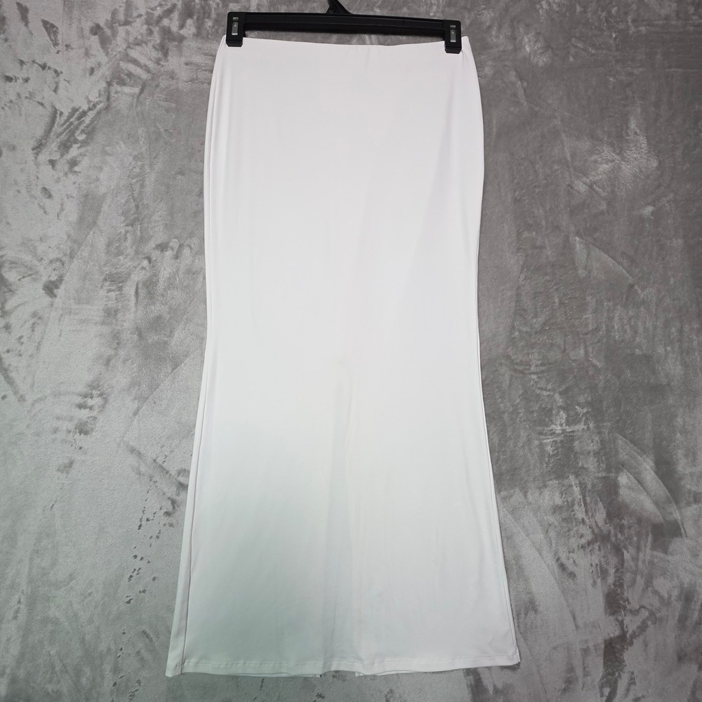 Trendy Queen White Maxi Skirt Bodycon High Waist Stretchy Back Slit Size M